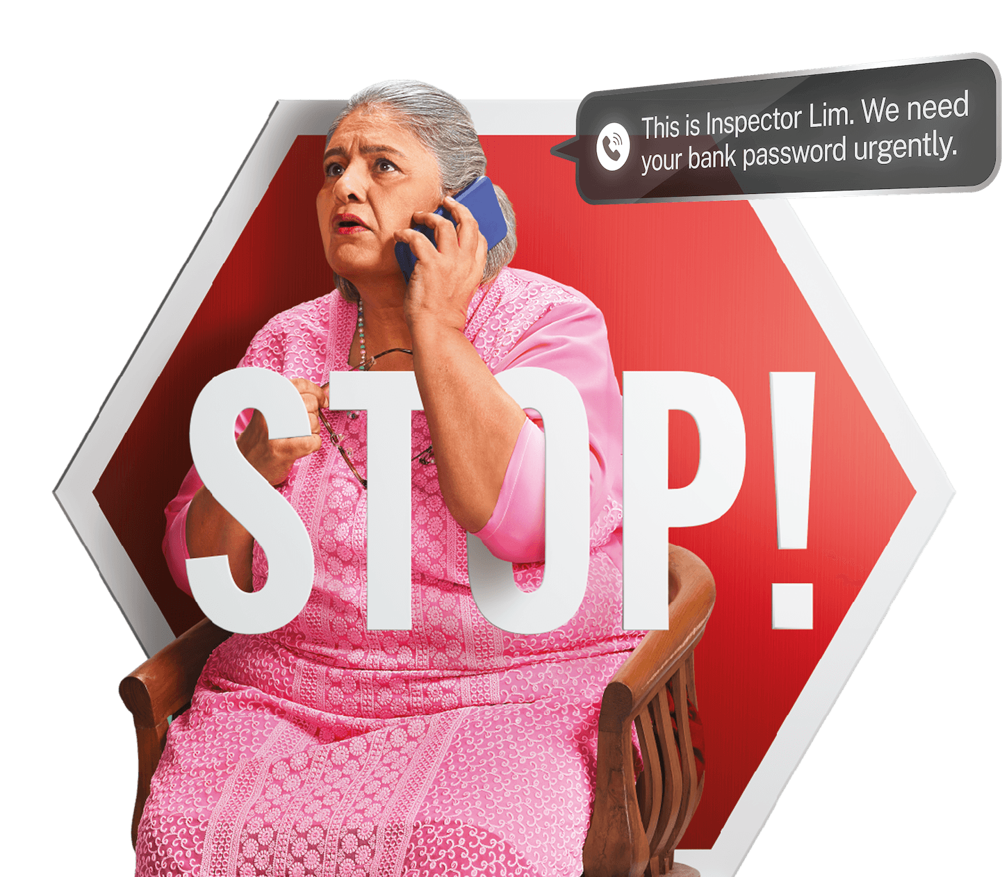 Stop scam awareness - elderly woman on phone with scammer warning
